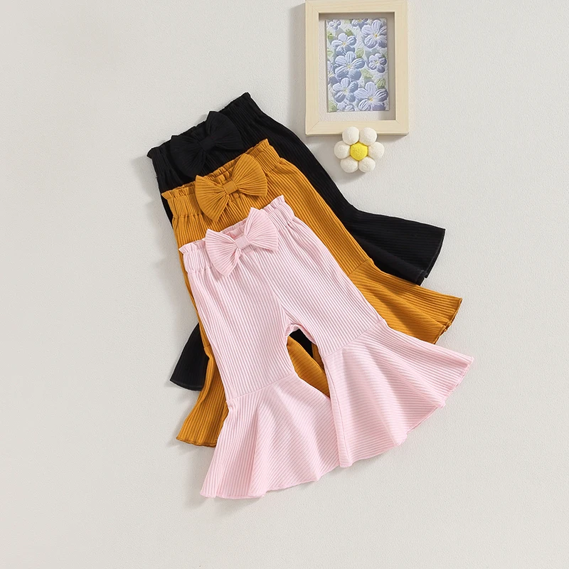 

Toddler Infant Baby Girl 3Pcs Flare Pants Solid Color Ribbed Trousers Bowknot Elastic Waist Fall Cute Bell Bottom Set