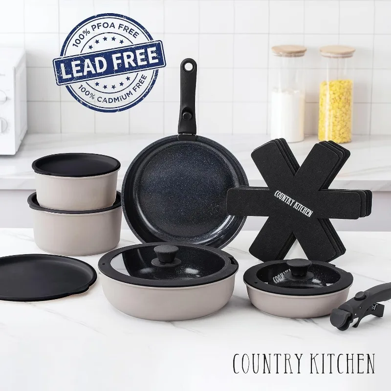 Country Kitchen 13 Piece Pots and Pans Set - Safe Nonstick Cookware Set  Detachable Handle - Bed Bath & Beyond - 37508748