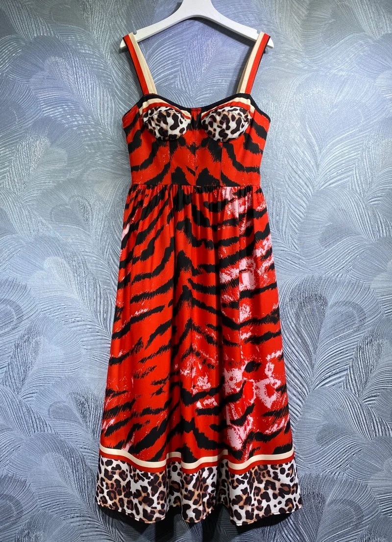 

High Quality Strap Dress 2022 Summer Party Club Women Sexy Wild Leopard Prints Mid-Calf Length Sexy Red Bohemian Beach Dress