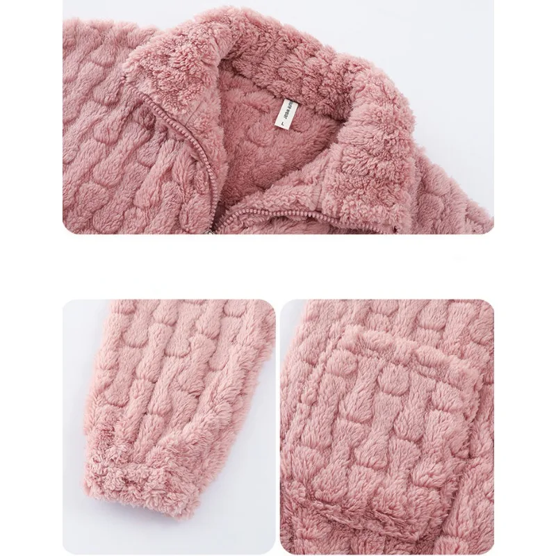 2024 New Middle Aged Elderly Mothers Pajamas Women Winter Coral Velvet Sleepwear Plush Thickened Zippers Flannel Homewear Set