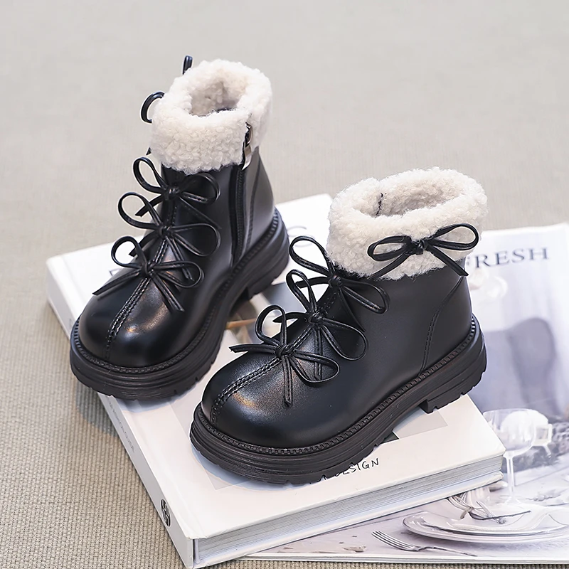 Girls Leather Ankle Boots with Bow Detail for Winter