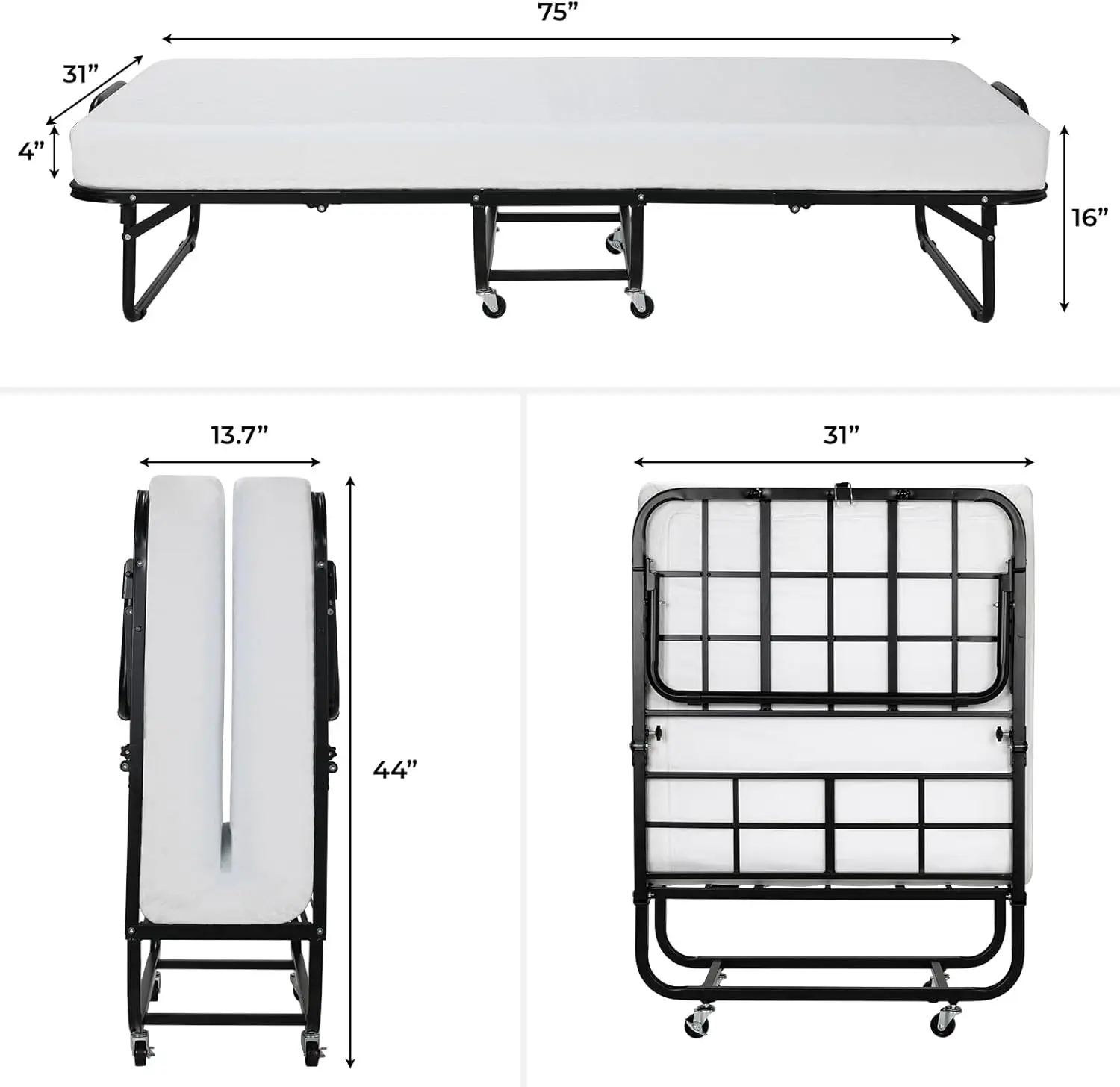 Folding Bed, Adult Guest Bed, Foldable 80x190cm with 10cm Thick Memory Foam Mattress, Single Portable Folding Bed w/ wheels