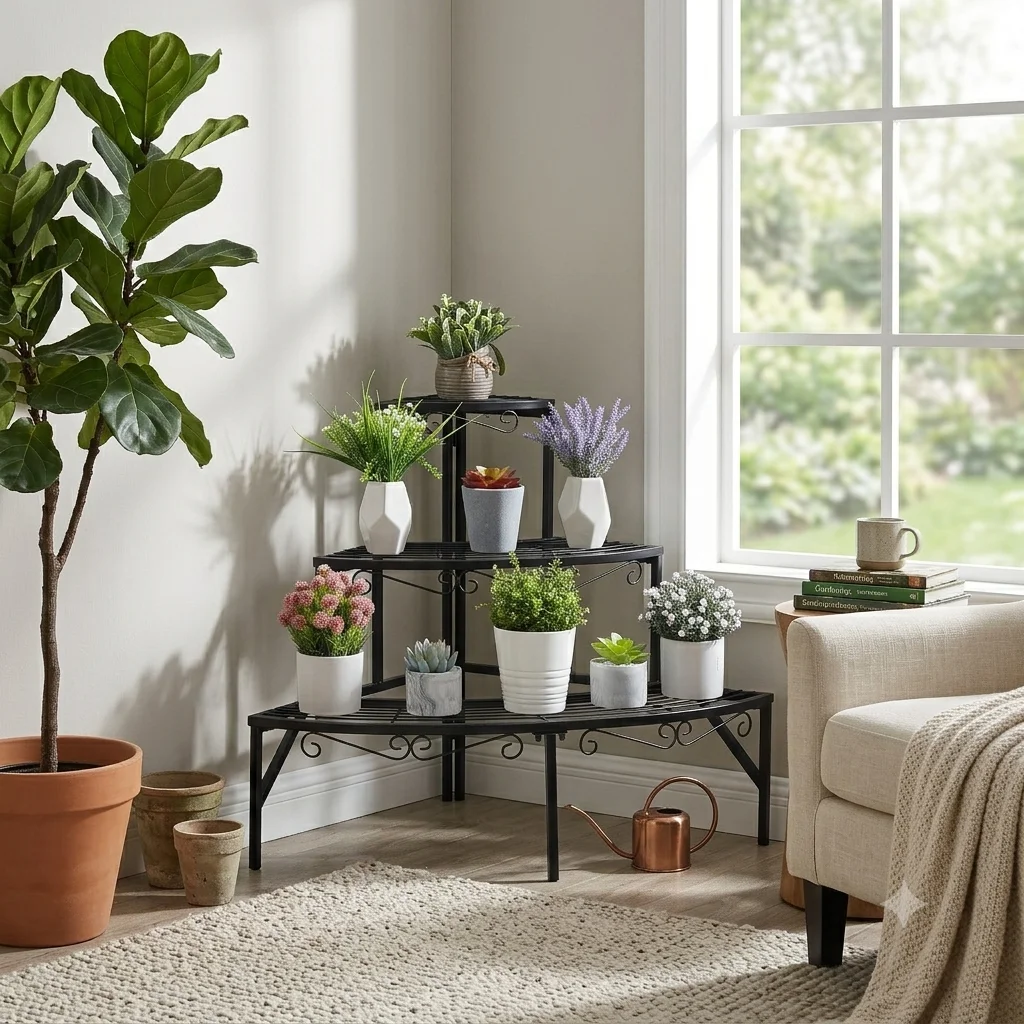 3-Tier Corner Ladder Plant Shelf for Indoor Outdoor Garden Flower Display Rack Metal Plant Stand Organizer