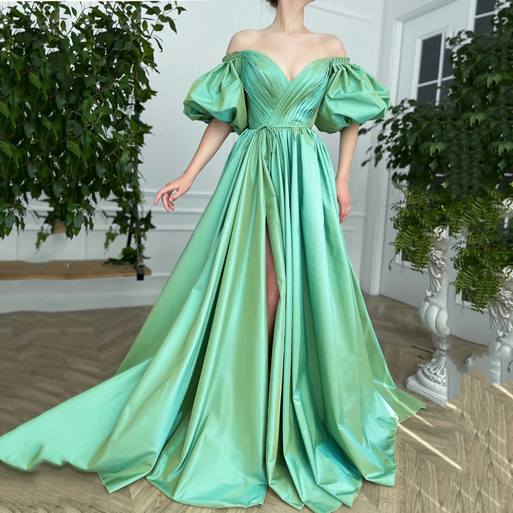 

Long Green Puffy Sleeves Evening Dress A-LINE Off Shoulder Designer Prom Gown Side High Split Wedding Party Dress Robe de Soiree