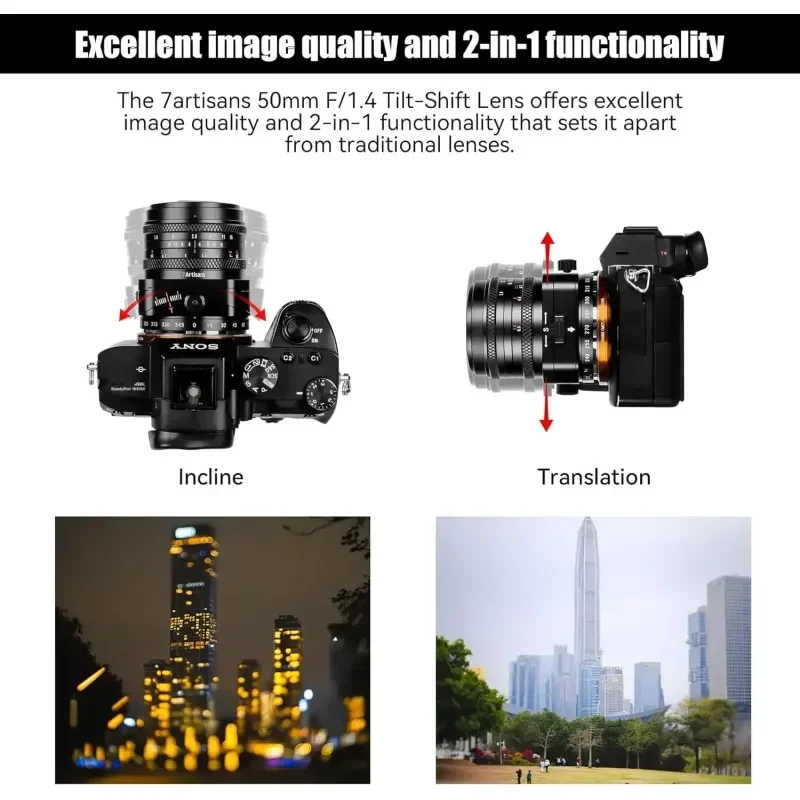 7artisans 50mm F1.4 틸트-시프트 수동 렌즈, 대구경 APS-C 렌즈 ( E ZVE10, 후지필름 X-T1, 마이크로 4/3 E-PL1 호환, 2-in-1)
