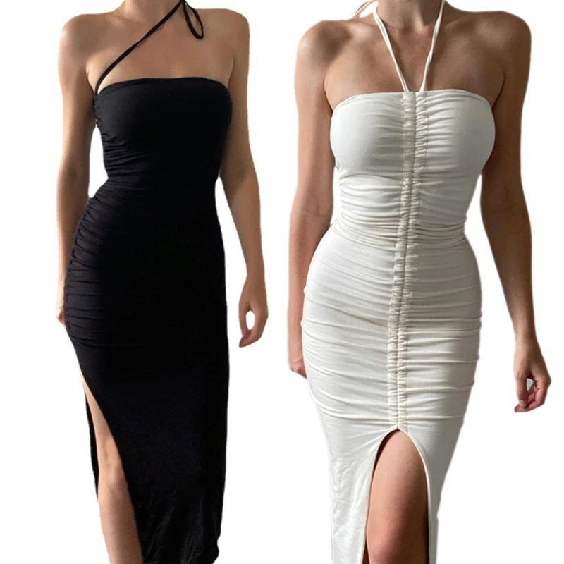 

Women Corset Ruched Bodycon Dress Summer Lady Sexy Split Sleeveless Drawstring Sling Dress Holiday Beach Party Club Sundress