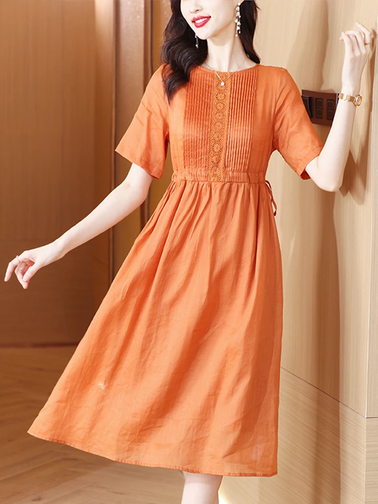 

2024 Summer Cotton and Line Casual Solid Midi Dress Women's Elegant Bodycon Chic Party Dress Vintage Prom Luxury Evening Vestido