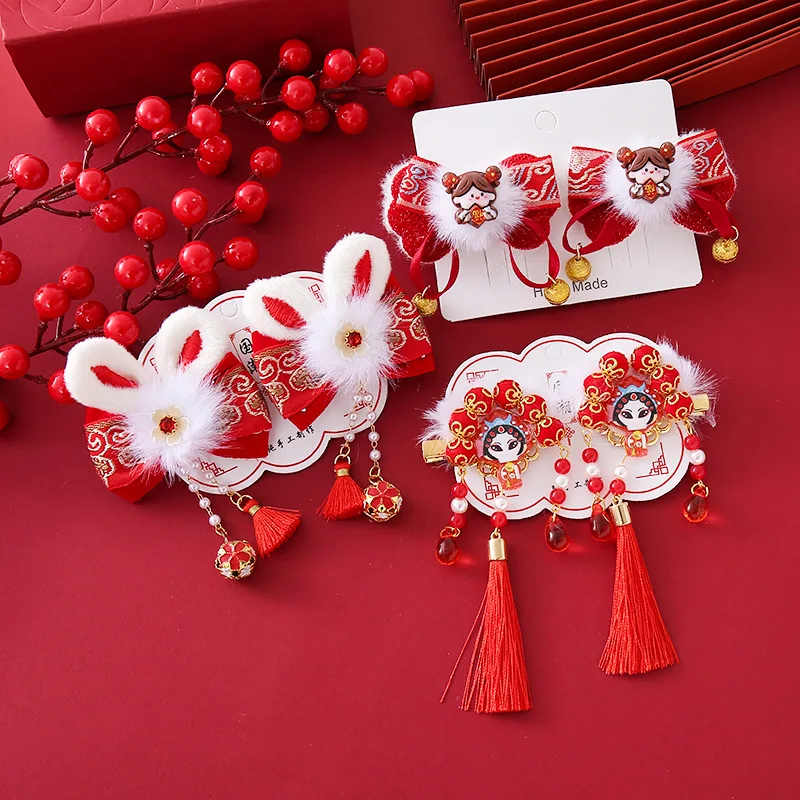 Kids New Year Headwear Chinese Style Hafu Plush Bow Kids Hair Clips Red Tassel Princess Girl Sided Clips Accessory New Year Gift 2