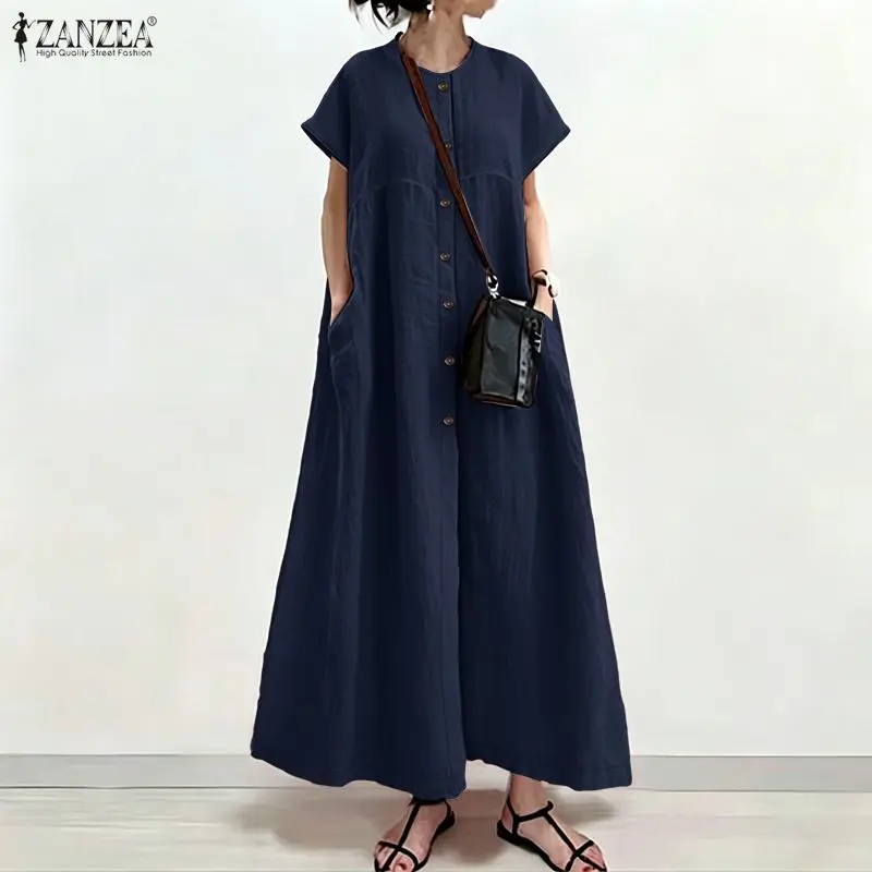 ZANZEA Fashion Summer O Neck Short Sleeve Dresses 2026 Women Casual Loose Sundress Solid Robe Elegant OL Work Dress Vestidos 4