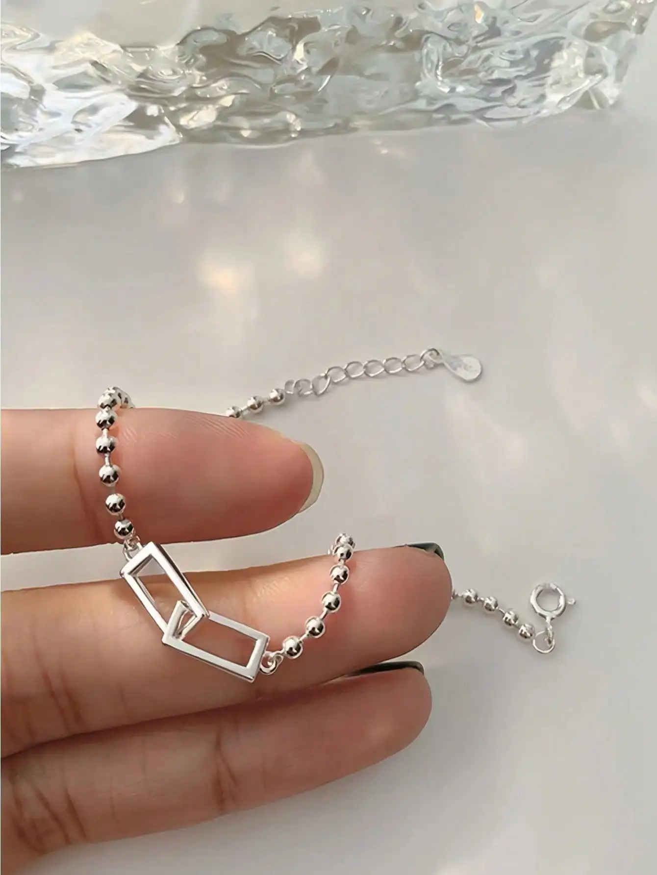 925 Sterling Silver Geometric Square Round Bead Bracelet For Women Personality Temperament Simple Hand Jewelry Party