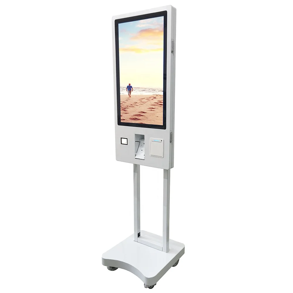 VISIGN 안드로이드 또는 windows OS 24 27 32 인치 셀프 서비스 토템 용량 성 터치 열전 사 프린터 레스토랑의 셀프 주문 키오스크