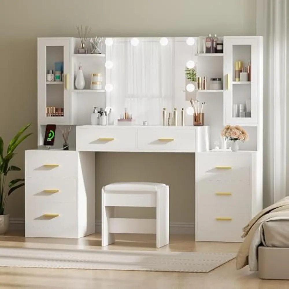 Large Vanity Desk Table with Mirror & Lights White Makeup Vanity with Power Outlet and 8 Drawers 2 Cabinets 3 Lig 5