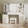 Large Vanity Desk Table with Mirror & Lights White Makeup Vanity with Power Outlet and 8 Drawers 2 Cabinets 3 Lig 5