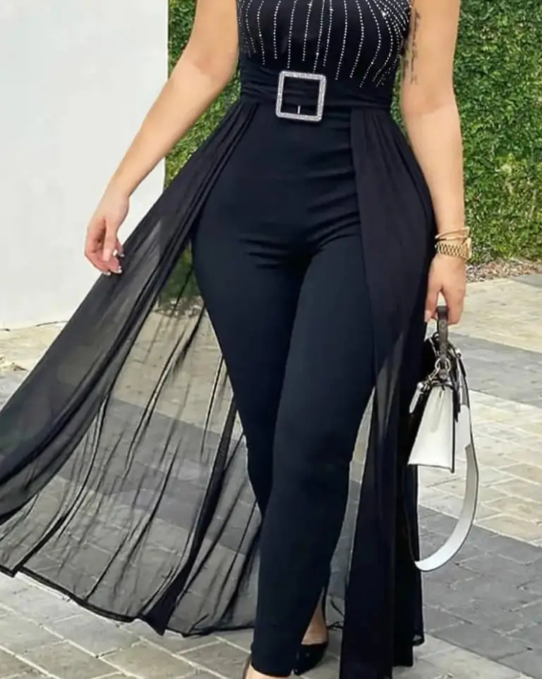 Women Jumpsuit 2024 Summer Casual Simple Round Neck Sleeveless Rhinestone Sheer Mesh Daily Commuting Jumpsuit