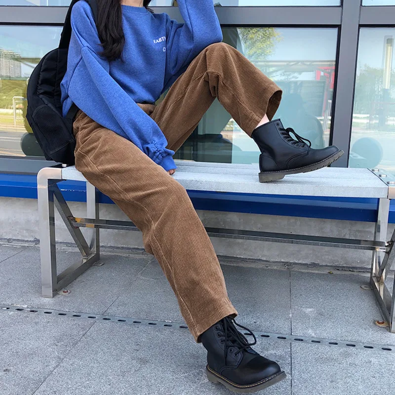 2021 Spring High Waist Corduroy Pants New Women Winter Wide Leg Trousers Casual Harajuku Long Pants Loose Trousers Streetwear
