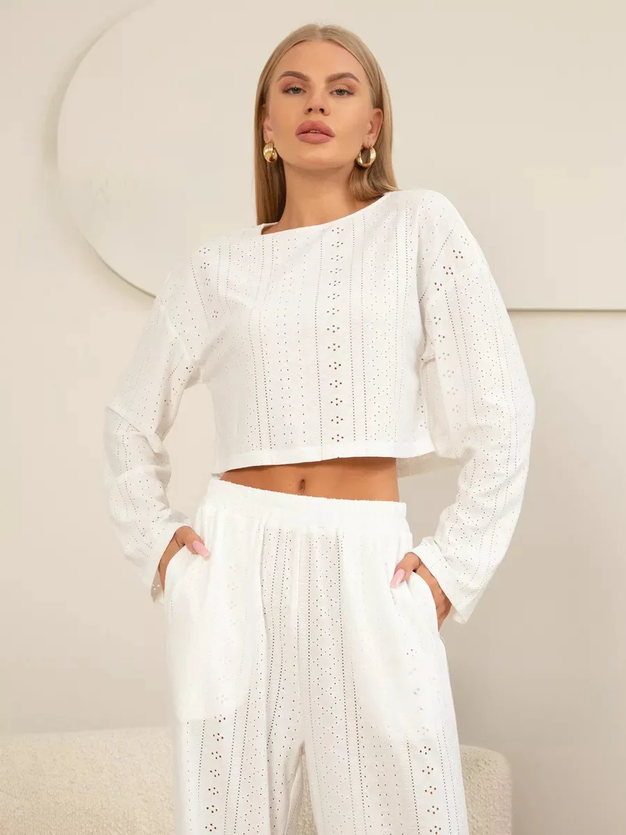 Autumn and Winter New European and American Women's Pajama Set Fashionable Simple Hollow Jacquard Long Sleeve Pants Home Clothes