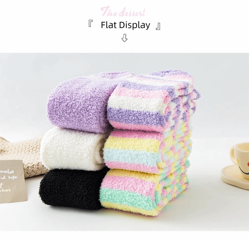 Weiche, warme, gestreifte Strümpfe aus Korallenvelours, bequeme Overknee-Socken, lange, gemütliche, gefütterte Frottee-Socken für den Winter – Detail 3