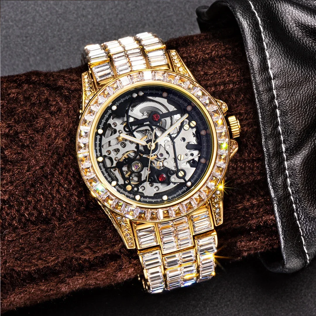 

Iced Out Watch for Men Full AAA Diamond Around Mechanical Mens Watches Skeleton Tourbillon Automatic Wristwatch Man Gold Reloj