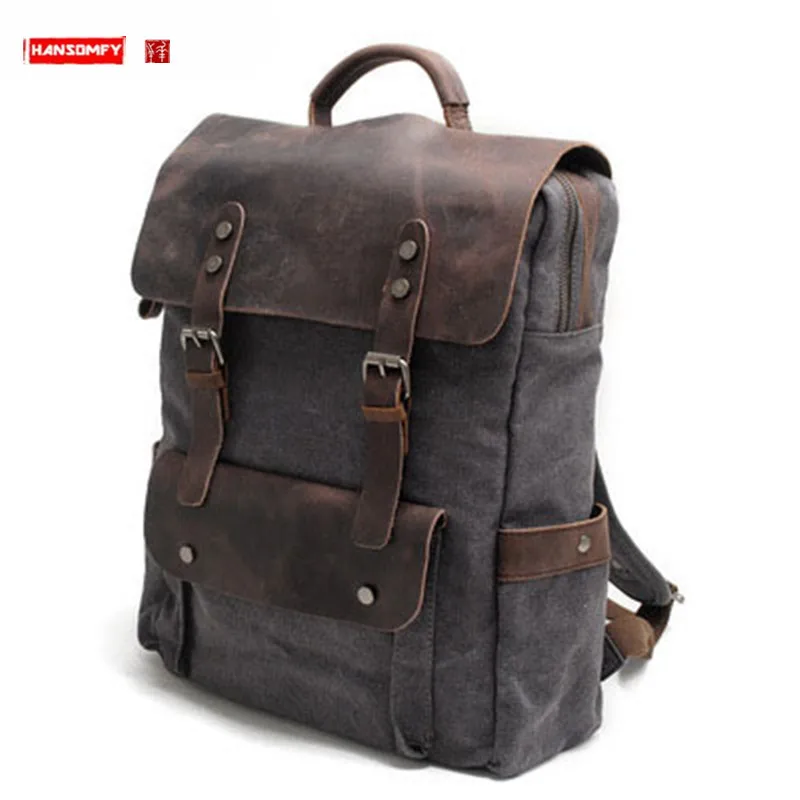 

Retro Canvas Men Backpack College Style Laptop Bag Schoolbag Cotton Canvas With First Layer Crazy Horse Leather Travel Backpacks