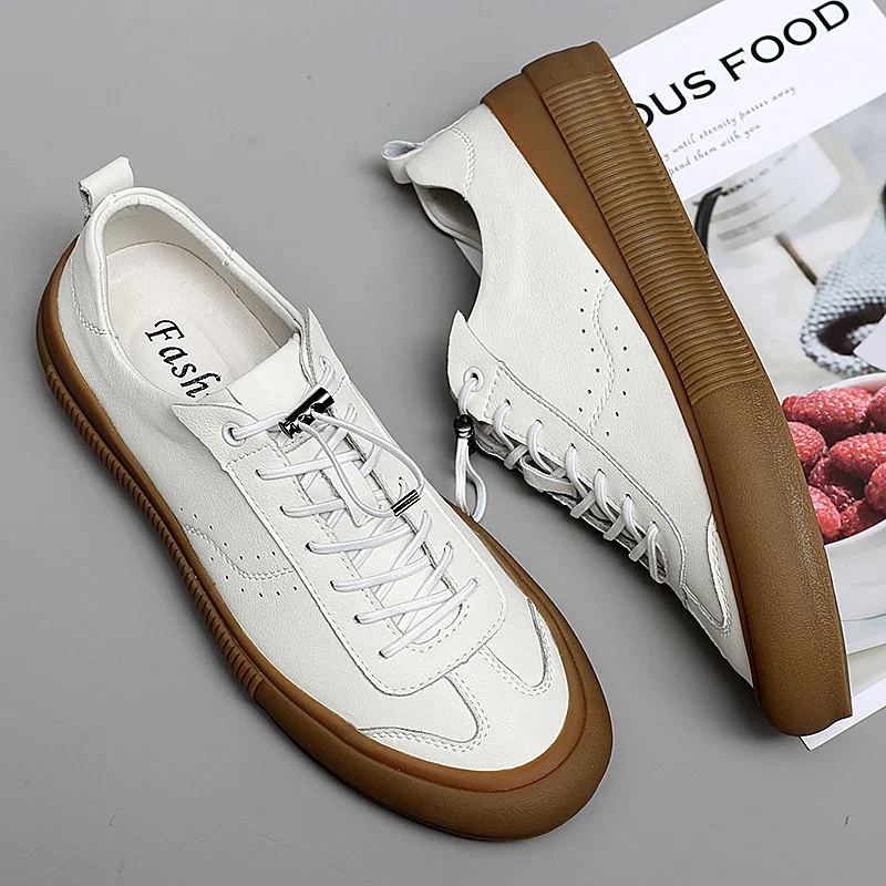 

Genuine Leather Men Casual Shoes Fashion White Skateboard Shoes Luxury Brand Outdoor flat Breathable Loafers Mocassins Men Shoes