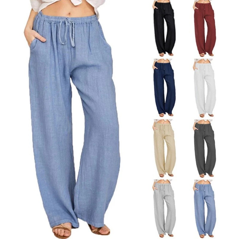 Women's Summer Drawstring Waist Wide Leg Loose Cotton Linen Palazzo Pants European and American Casual Style Pants with Pockets туфли palazzo d oro