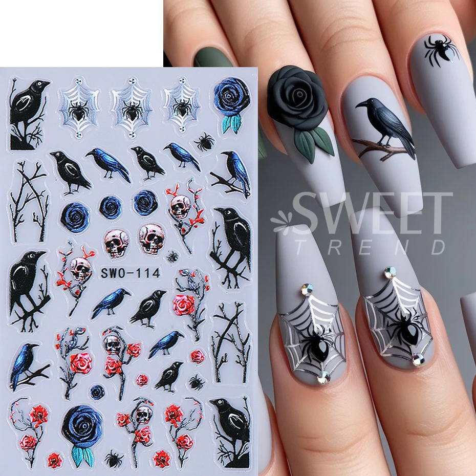 2pcs Halloween Nail Stickers Y2K Spider Web Crow Skull Rose Textured Self-Adhesive Nail Decals Sliders DIY Manicure Decoration