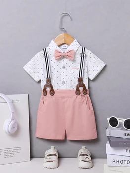 Toddler Baby Boy Clothes 1-5T Boy Gentleman Suit Short Sleeves Shirt +Suspender Pants +Bowtie Toddler Dress Boy Outfit 3