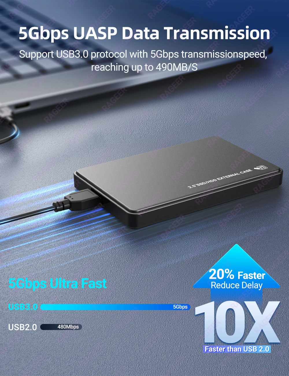 Rageer 2.5 "HDD-Gehäuse 5 Farben externes Festplatten gehäuse USB 3,0 bis Sata 3,0 5 Gbit/s Festplatten gehäuse für 7mm/9,5mm 2.5" Festplatte – Detail 2