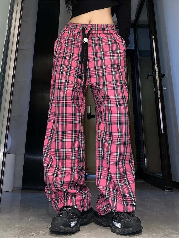 

QWEEK Harajuku Pink Plaid Pants Women Cyber Y2K Egirl Wide Leg Checked Trousers Female Oversize Streetwear Edgy Style Sweatpants