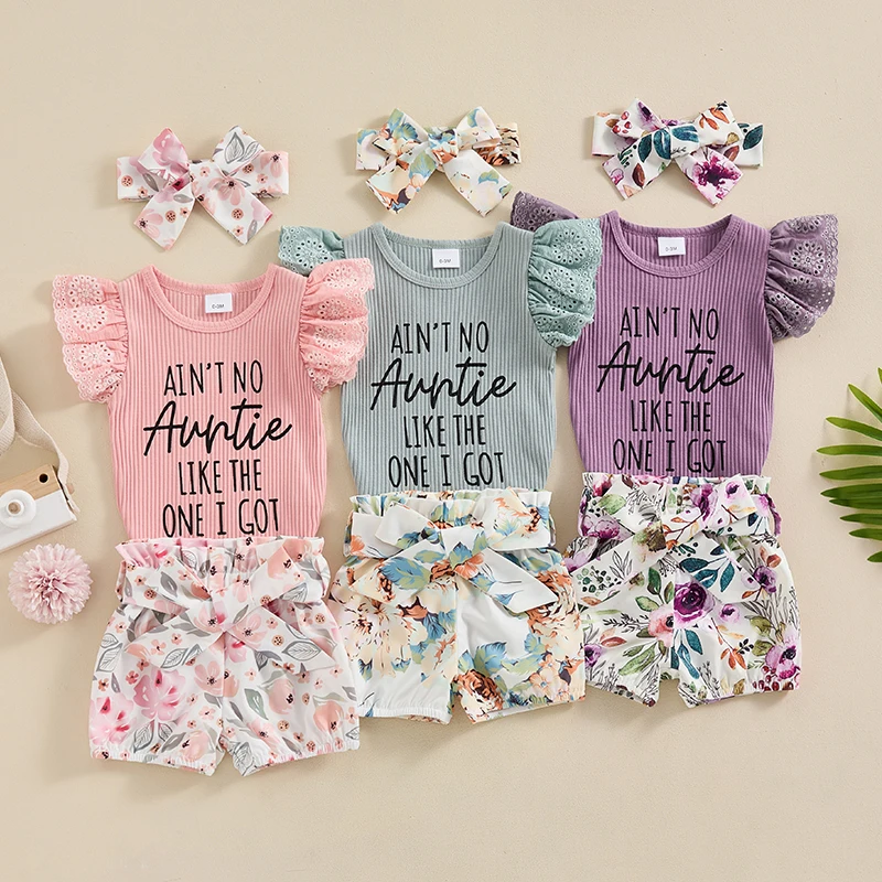 

2024-03-08 Lioraitiin Baby Girls Clothes Set Fly Sleeve Letters Print Romper with Belted Floral Shorts Hairband Summer Outfit