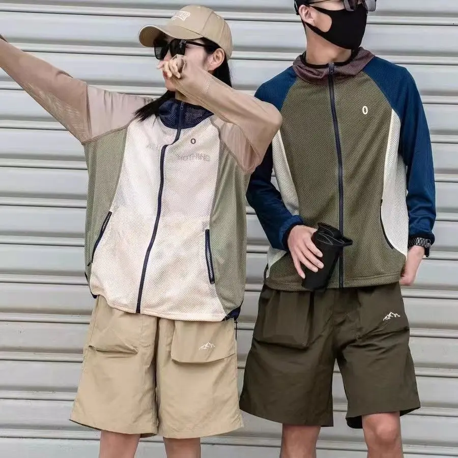 Sunscreen quick drying hollowed out mesh jacket with contrasting colors, sun protection for couples, breathable and comfortable