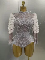 Sexy Luxury Sparkle Diamond Pearls Flower Bodysuits 2025 Women Birthday Party Leotard Dancer Nightclub Performance Stage Outfit