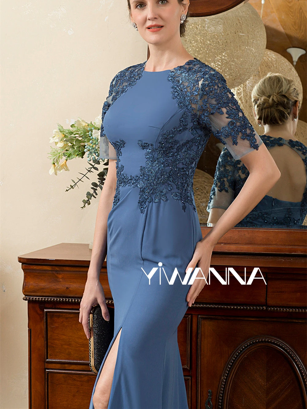Mermaid Chiffon Wedding Guest Dresses Plus Party Gown For Women Short Sleeve Mother Of The Bride/Groom Dress Lace Scoop Neckline