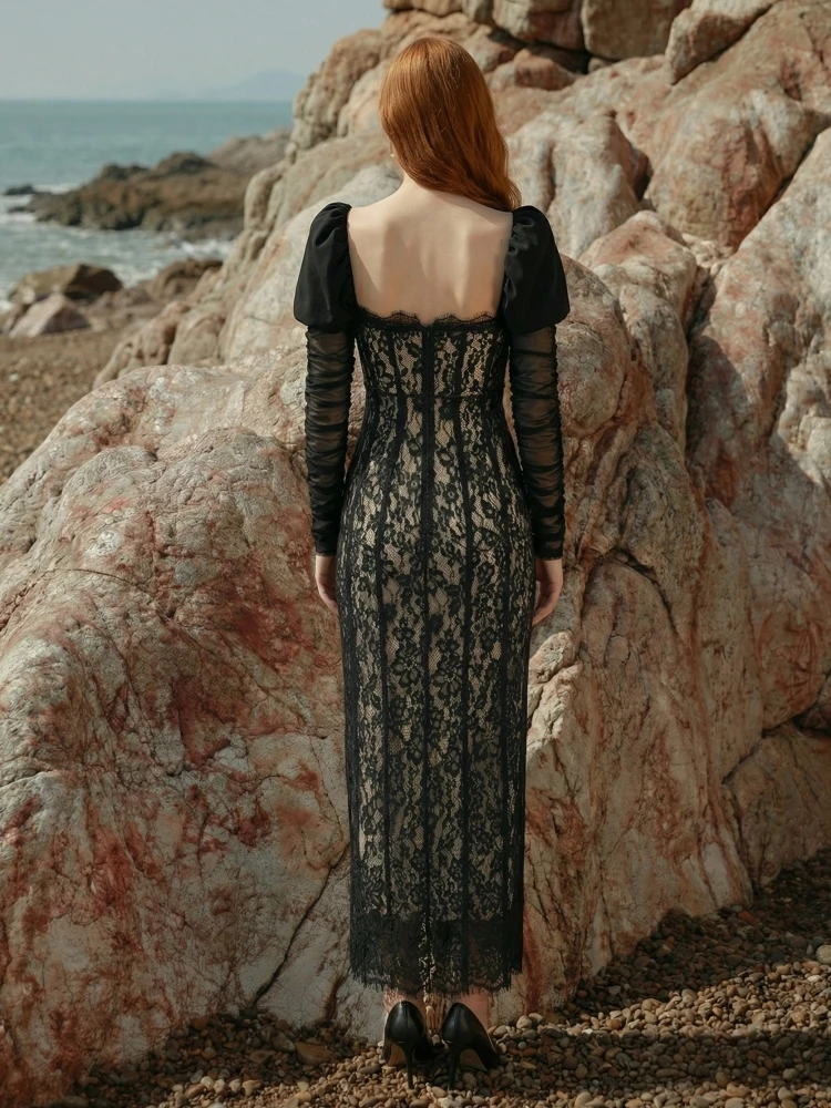 مثير ساحة الرقبة شبكة الأكمام الدانتيل فستان طويل...