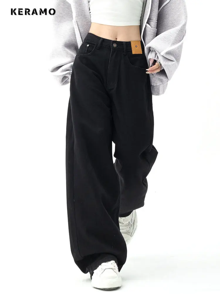 Black Baggy Straight Jeans For Women Korean Fashion Streetwear High