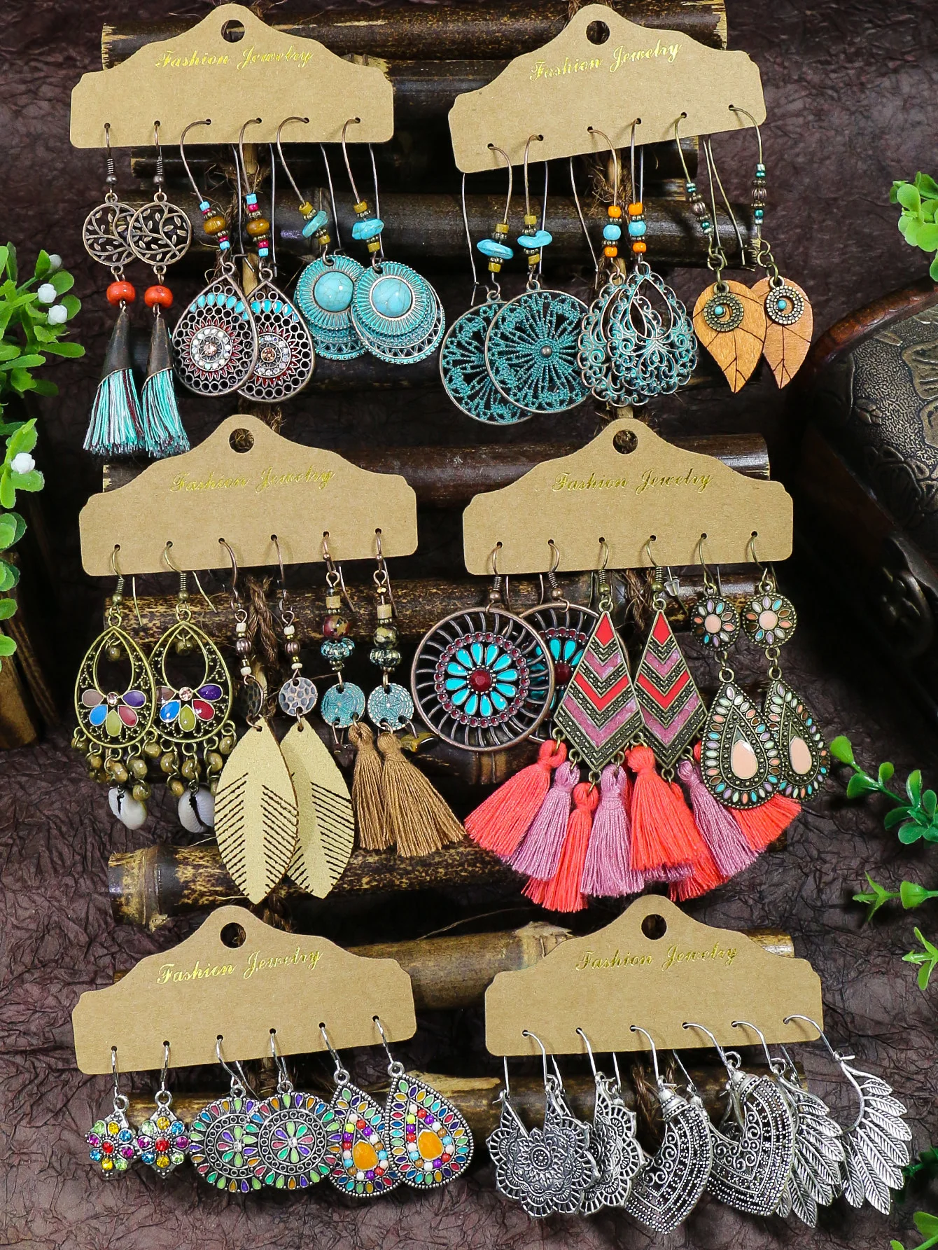 Ethnic Style Antique Alloy Earring Retro Hollow Earrings Bohemian Tassel Leaf Heart Shaped Pendant Accessories