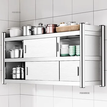 ตู้ครัวสแตนเลสทันสมัย ตู้เก็บของติดผนัง ตู้ครัวแบบแขวนอเนกประสงค์สไตล์มินิมอลสำหรับบ้าน 2