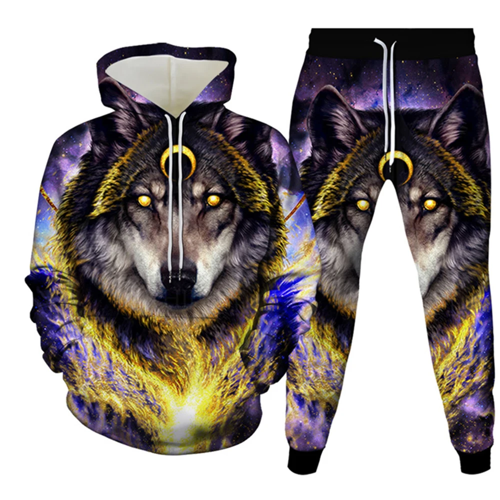 Retro Man Hoodies Sets Animal Wolf 3D Printed Men's Hoodies Pants Suit Harajuku Tracksuit Sportswear Cool 2 Piece Clothing Set 4