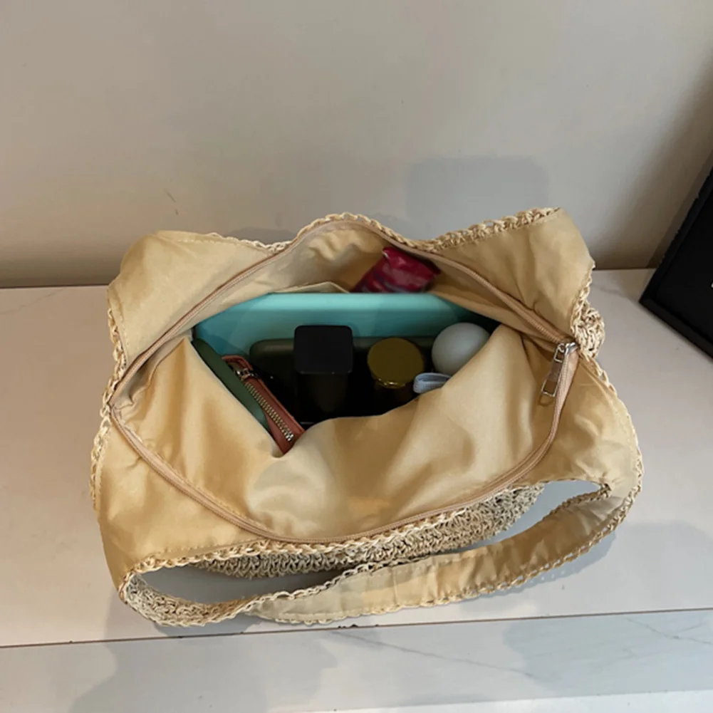 Large Summer Shoulder Bag with Zipper Woven Tote Bag Handbag Shoulder Purse for Women Travel Vacation