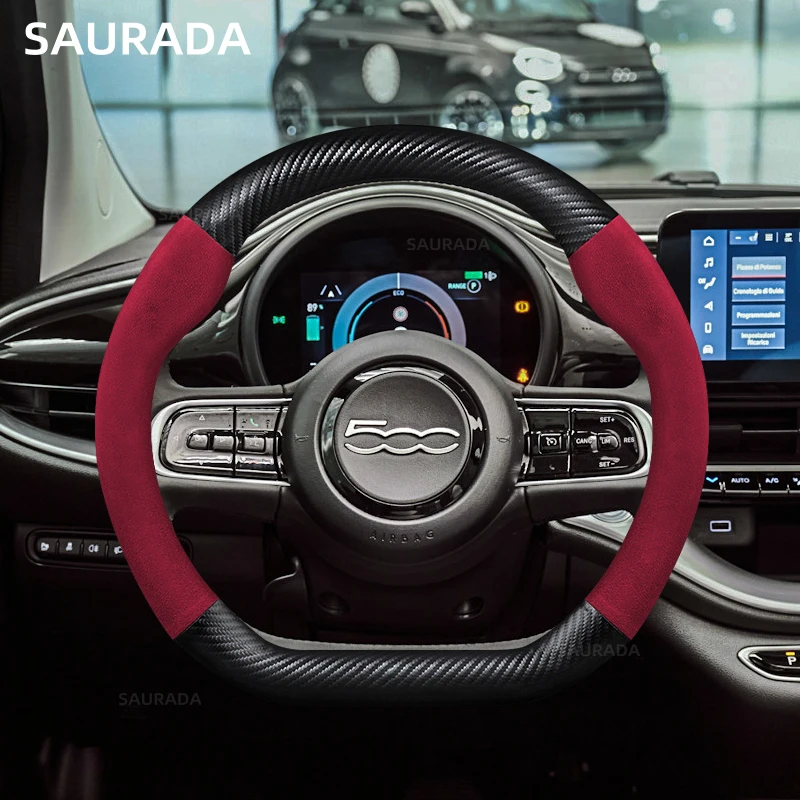 38cm Carbon Fiber Suede Car Steering Wheel Cover For Fiat 500 500X 500L 500C ABARTH 2021 Leather Auto Interior Wrap Accessories