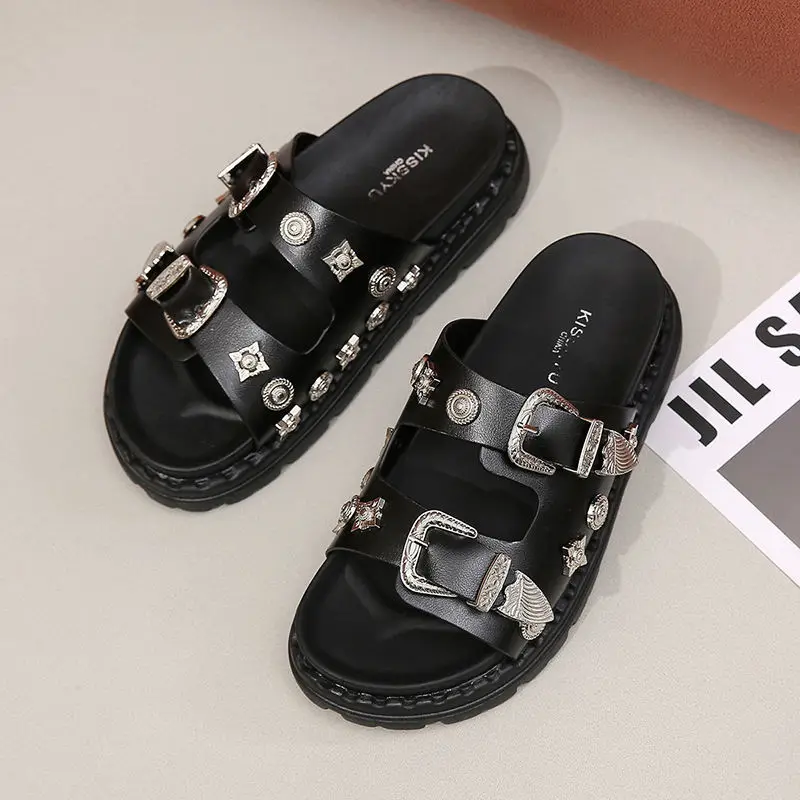 2023 Summer New Metal Buckle Medal Flat Women's Outer Wear Ins Fashion Genuine Leather Slippers