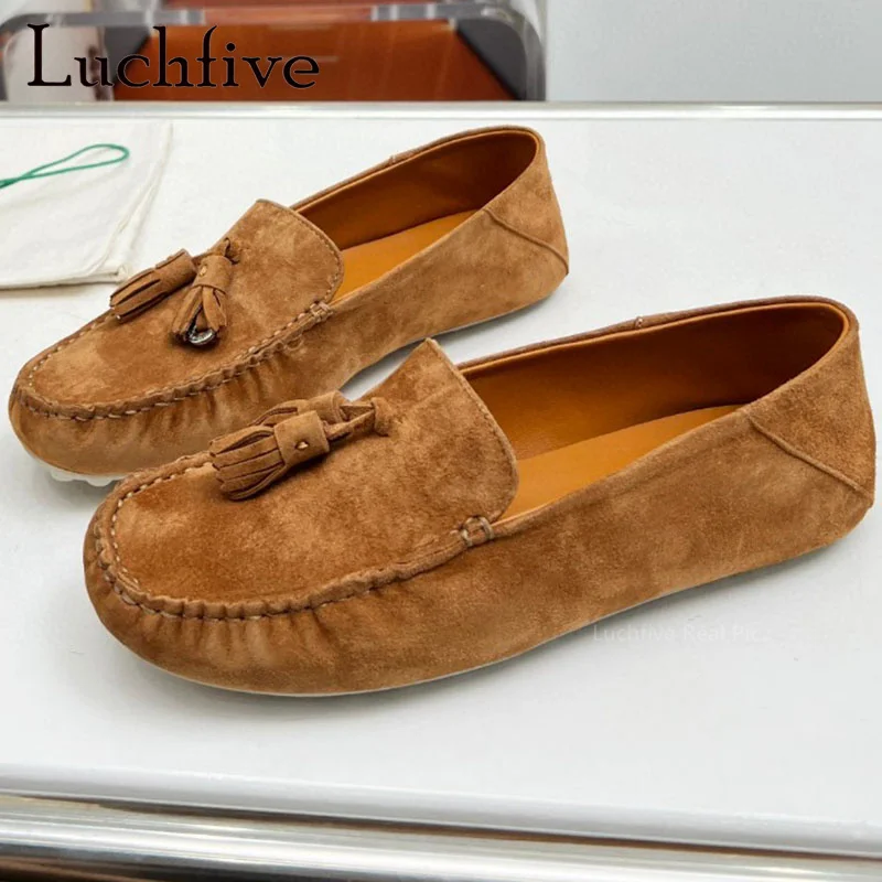 

2023 Luchfive New Suede Tassels Flats Shoes Women Slip On Round Toe Loafers Shoes Brand Casual Walking Shoes Mujer