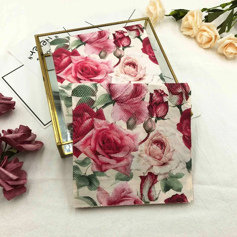 Retro Rose Colourful Printed Napkin Flower Wedding Hotel Square Paper Napkin Placemat Paper 20pcs/Pac Birthday Party Decorations