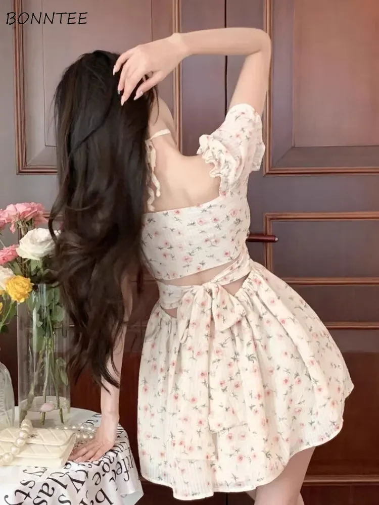 UGUEST - Vestido Corto De Manga Larga Con Cuello En V Para Mujer, Con Diseño Floral Y Cinturón, Para Fiestas Cóctel, Vestido De Invitada De Boda
