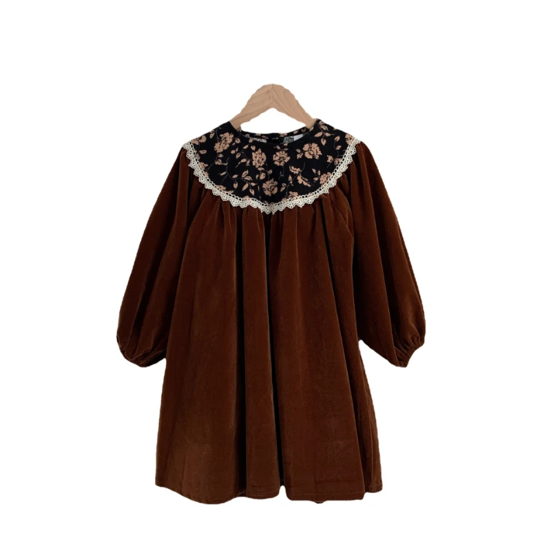 Runs Half Size Bigger Fall New Girl Velvet Retro Dress Children Floral Patchwork Clothes Kids Sweet Princess Dress, #7122