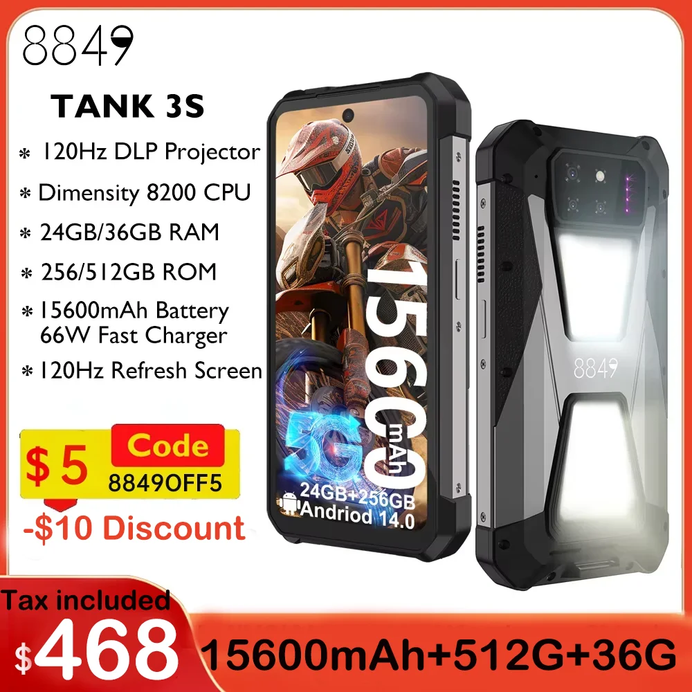 8849 Tank 3S Unihertz Rugged Smartphone with Projector 5G 24/32GB RAM 256/512GB ROM Dimensity 8200 64MP Night Vision Phone