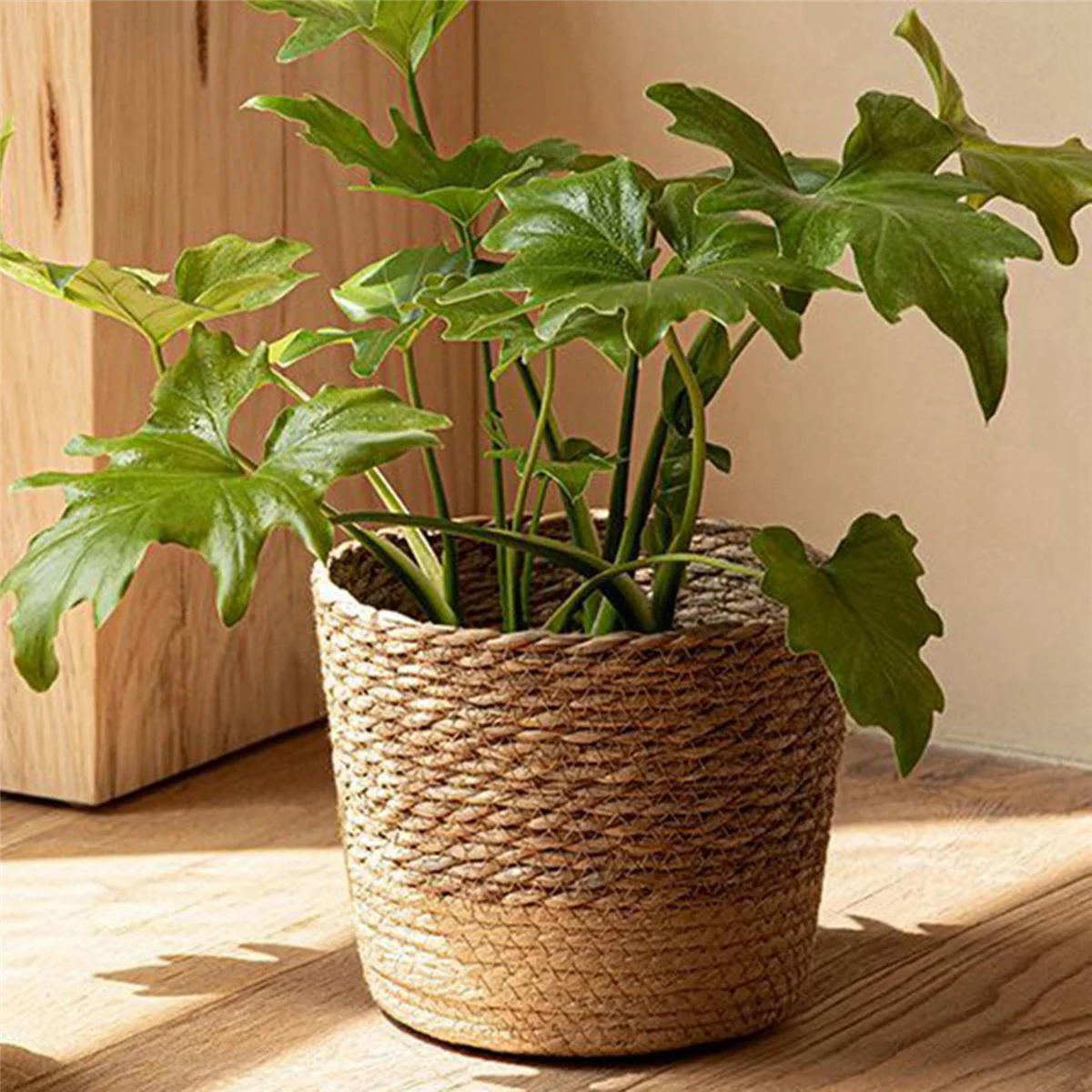 BAAU 2X Straw Weaving Flower Plant Pot Wicker Basket Rattan Flowerpot Storage Basket Handmade Woven Planter M