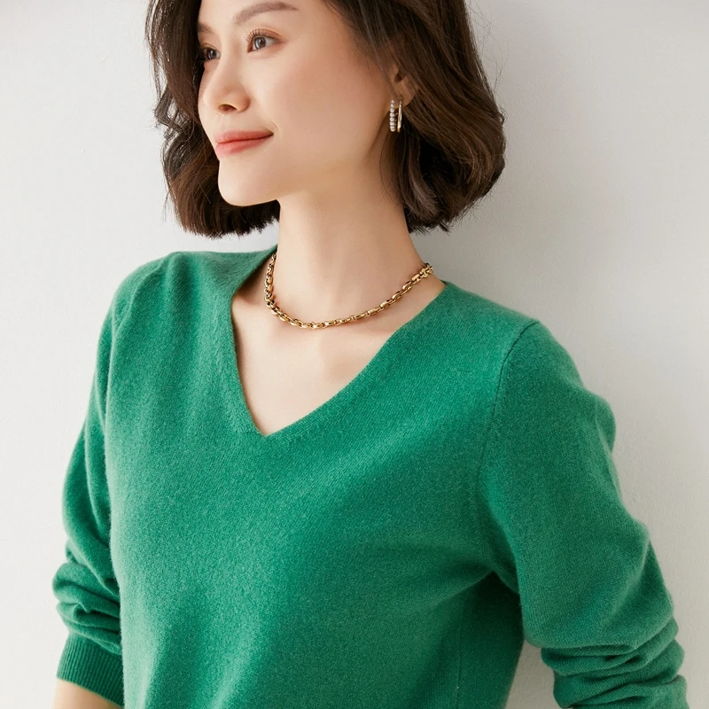 Women's 100% Pure Wool V-Neck Loose Pullover Sweater Basic Style All-Match Knitted Sweater women sweater