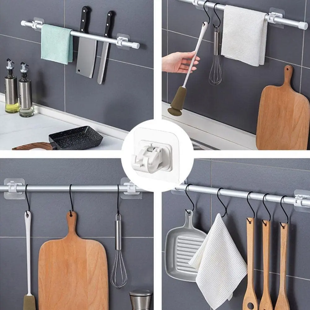 Nail-Free Adjustable Curtain Rod Holder Clamp Hook Rod Bracket Holders Adhesive Wall Curtain Fixed Clip Hanging Rack Hook