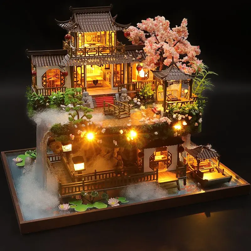 DIY Wooden Miniature Model Kit Chinese Ancient Casa Cherry Blossom Villa 3D Puzzle Dollhouse With Furniture Lights Home Decor 3